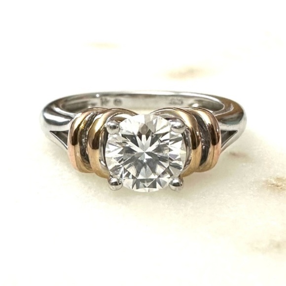 Moissanite 1.00ct DEW Solitaire Platineve Sterling Silver Ring with 14k Gold - Picture 2 of 7